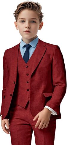 Boys Linen Suit 3 Piece, Summer Slim Fit Suits for Kids Beach Wedding Tuxedo Jacket Vest Pant in Saudi Arabia