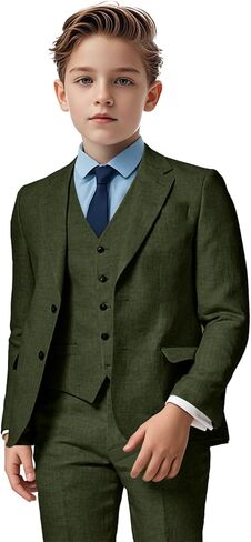 Boys Linen Suit 3 Piece, Summer Slim Fit Suits for Kids Beach Wedding Tuxedo Jacket Vest Pant in Saudi Arabia