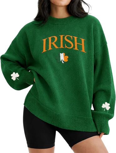 Custom Embroidered St. Patrick's Day Sweater, Personalized Lucky Irish Shamrock Embroidered Knit Pullover, Women Gift in Saudi Arabia