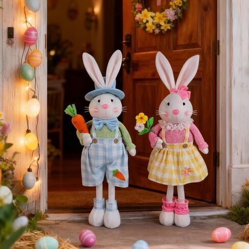 Juegoal 2 Pack Easter Decorations Standing Bunny with Stretchable Legs, 23" to 32" Handmade Easter Rabbit Couple Statues, Cute Photo Props Gifts for Office Kitchen Farmhouse Spring Home in Saudi Arabia