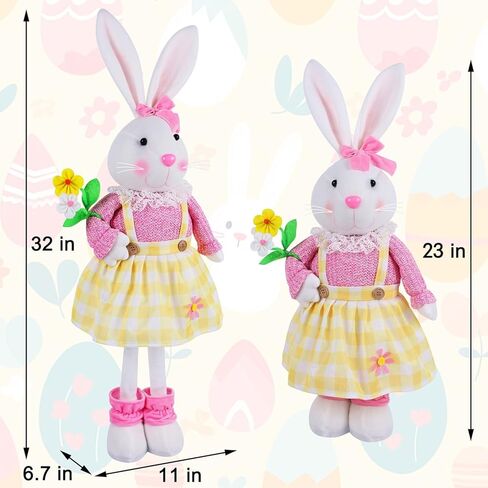 Juegoal 2 Pack Easter Decorations Standing Bunny with Stretchable Legs, 23" to 32" Handmade Easter Rabbit Couple Statues, Cute Photo Props Gifts for Office Kitchen Farmhouse Spring Home in Saudi Arabia