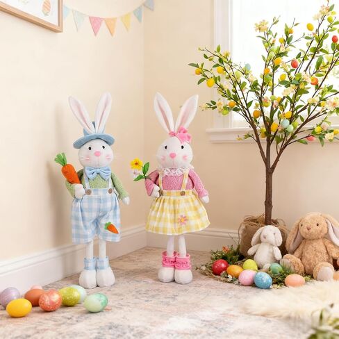 Juegoal 2 Pack Easter Decorations Standing Bunny with Stretchable Legs, 23" to 32" Handmade Easter Rabbit Couple Statues, Cute Photo Props Gifts for Office Kitchen Farmhouse Spring Home in Saudi Arabia