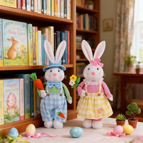 Juegoal 2 Pack Easter Decorations Standing Bunny with Stretchable Legs, 23" to 32" Handmade Easter Rabbit Couple Statues, Cute Photo Props Gifts for Office Kitchen Farmhouse Spring Home in Saudi Arabia