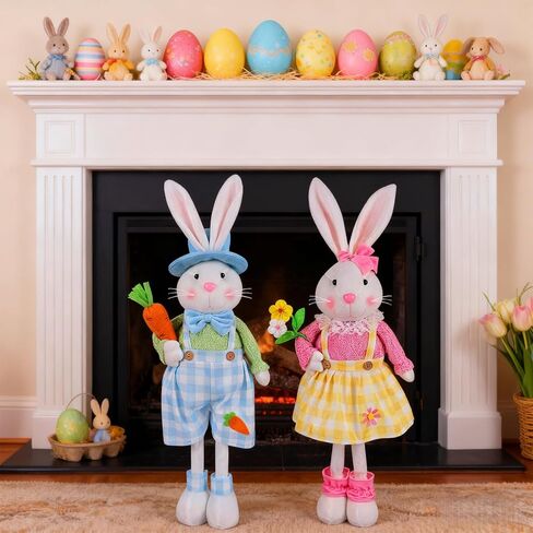 Juegoal 2 Pack Easter Decorations Standing Bunny with Stretchable Legs, 23" to 32" Handmade Easter Rabbit Couple Statues, Cute Photo Props Gifts for Office Kitchen Farmhouse Spring Home in Saudi Arabia