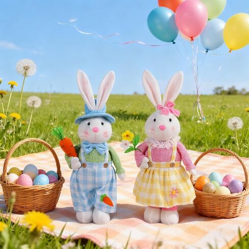 Juegoal 2 Pack Easter Decorations Standing Bunny with Stretchable Legs, 23" to 32" Handmade Easter Rabbit Couple Statues, Cute Photo Props Gifts for Office Kitchen Farmhouse Spring Home in Saudi Arabia