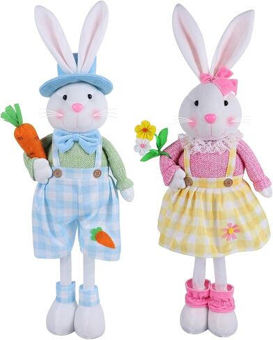 Juegoal 2 Pack Easter Decorations Standing Bunny with Stretchable Legs, 23" to 32" Handmade Easter Rabbit Couple Statues, Cute Photo Props Gifts for Office Kitchen Farmhouse Spring Home in Saudi Arabia