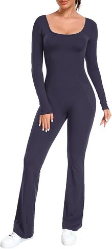 ECUPPER Women Long Sleeve Flared Jumpsuit Scrunch Romper One Piece Full Bodysuits Yoga Unitard Wide Leg Catsuit with Pocket in Saudi Arabia