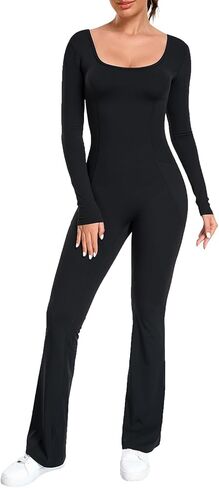 ECUPPER Women Long Sleeve Flared Jumpsuit Scrunch Romper One Piece Full Bodysuits Yoga Unitard Wide Leg Catsuit with Pocket in Saudi Arabia