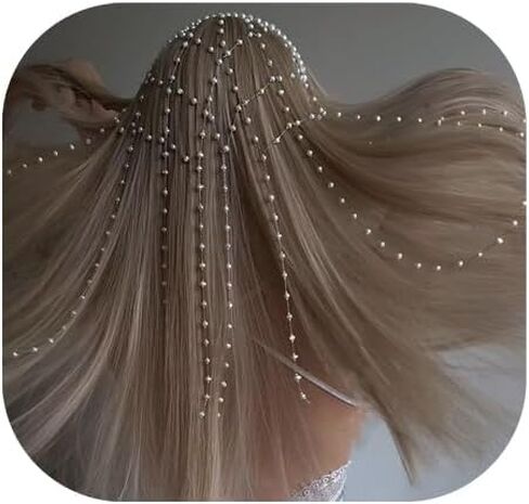 Long Pearl Tassel Head Chain for Women-Summer Beach Beaded Hair Accessory,Bridal Wedding Prom Party Headband,Festival Raave Pearl Hair Chain Headpiece in Kuwait