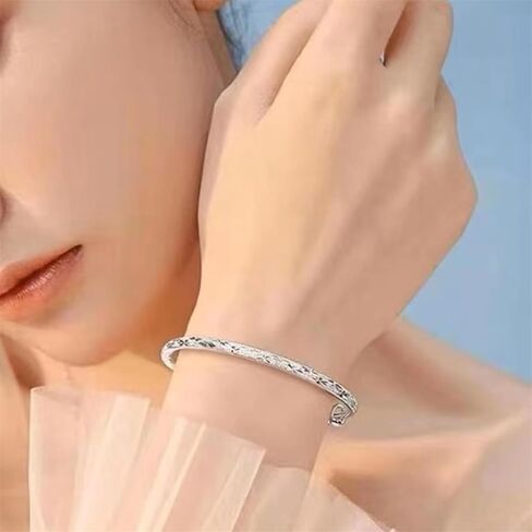 Bangle Bracelet for Women, 925 Sterling Silver Cuff Bracelet Women's Fashion Simple Adjustable Elegant Jewelry for Mom Valentine Wife Mother Day Gift in Saudi Arabia