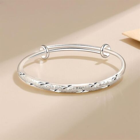 Bangle Bracelet for Women, 925 Sterling Silver Cuff Bracelet Women's Fashion Simple Adjustable Elegant Jewelry for Mom Valentine Wife Mother Day Gift in Saudi Arabia