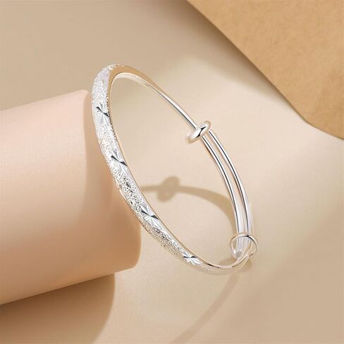 Bangle Bracelet for Women, 925 Sterling Silver Cuff Bracelet Women's Fashion Simple Adjustable Elegant Jewelry for Mom Valentine Wife Mother Day Gift in Saudi Arabia