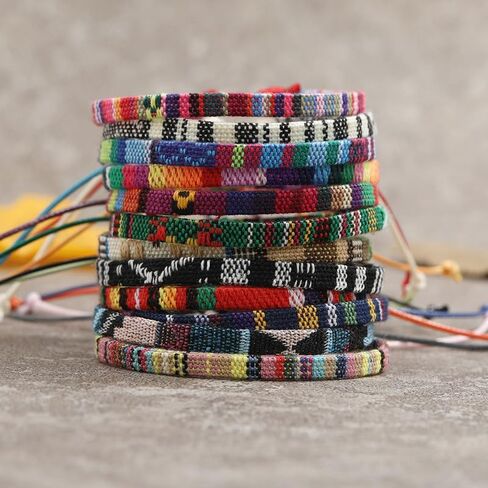 12Pcs Vintage Cotton and Linen Fabric Woven Cuff Bracelets Adjustable Color Bracelet Waterproof Surfer Beach Bracelet Bohemian Men's and Women's Jewelry Gift in Saudi Arabia