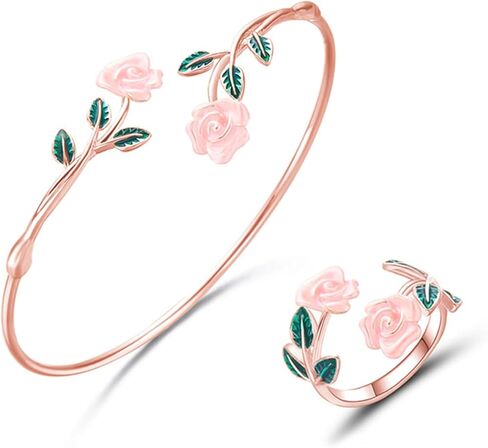 MALOYANVE Valentine's Day Rose Bracelet Ring Set for Women Dainty Fashion Rose Flower Green Leaf Open Cuff Adjustable Bracelets Ring Flower Promise Jewelry Elegant Jewelry Gifts in Saudi Arabia