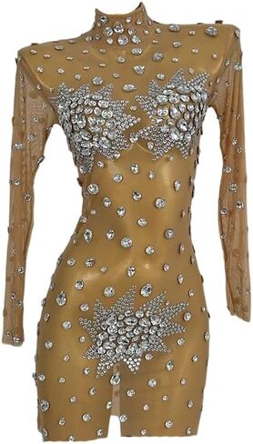 Women's Sexy Red Rhinestone Sparkling Tulle Mini Dress, Dinner Party, Nightclub, Performance Costume in Saudi Arabia