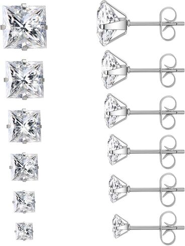 6 Pairs Square Stud Earrings Set for Women Men - Surgical 316L Stainless Steel & Cubic Zirconia for Sensitive Skin - 6 Sizes 3-8mm Mixed Pack - Minimalist Dainty Jewelry Gift for Multiple Piercings in Kuwait