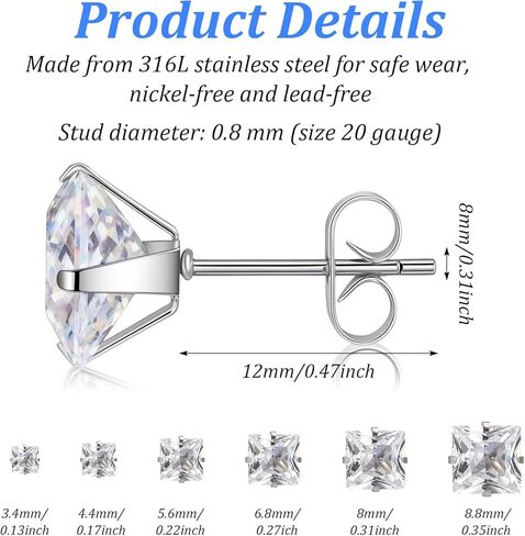 6 Pairs Square Stud Earrings Set for Women Men - Surgical 316L Stainless Steel & Cubic Zirconia for Sensitive Skin - 6 Sizes 3-8mm Mixed Pack - Minimalist Dainty Jewelry Gift for Multiple Piercings in Kuwait
