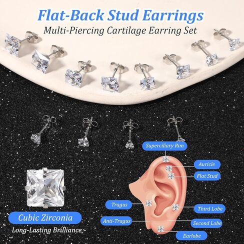6 Pairs Square Stud Earrings Set for Women Men - Surgical 316L Stainless Steel & Cubic Zirconia for Sensitive Skin - 6 Sizes 3-8mm Mixed Pack - Minimalist Dainty Jewelry Gift for Multiple Piercings in Kuwait