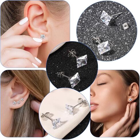 6 Pairs Square Stud Earrings Set for Women Men - Surgical 316L Stainless Steel & Cubic Zirconia for Sensitive Skin - 6 Sizes 3-8mm Mixed Pack - Minimalist Dainty Jewelry Gift for Multiple Piercings in Kuwait