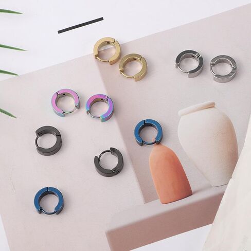 5 Pairs Small Hoop Earrings For Men, Stainless Steel Hoop Earrings For Men Colored Huggie Earring For Women Unisex Earring Set Minimalist Huggie (Gold, Silver, Black, Blue, Laser) in Saudi Arabia