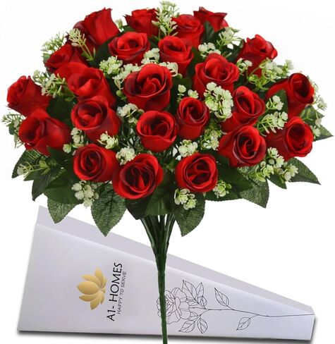 16" Artificial Silk Red Rose Bush with Gyp & Foliage 24 Flower Heads- Wedding Grave Home Decoration (1, Red) in Saudi Arabia