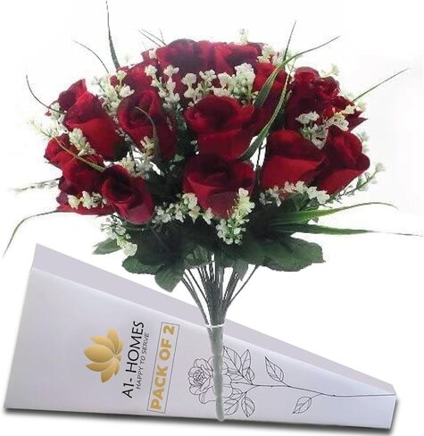 16" Artificial Silk Red Rose Bush with Gyp & Foliage 24 Flower Heads- Wedding Grave Home Decoration (1, Red) in Saudi Arabia