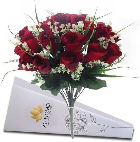 16" Artificial Silk Red Rose Bush with Gyp & Foliage 24 Flower Heads- Wedding Grave Home Decoration (1, Red) in Saudi Arabia