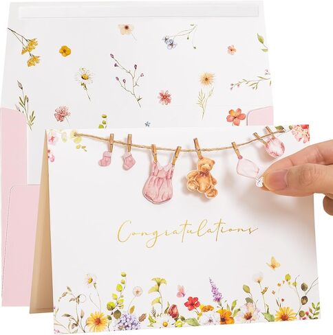 Crisky Baby Shower Card for Girls Welcome Congratulations New Baby Girl Pink Wildflower Floral Bear in Saudi Arabia
