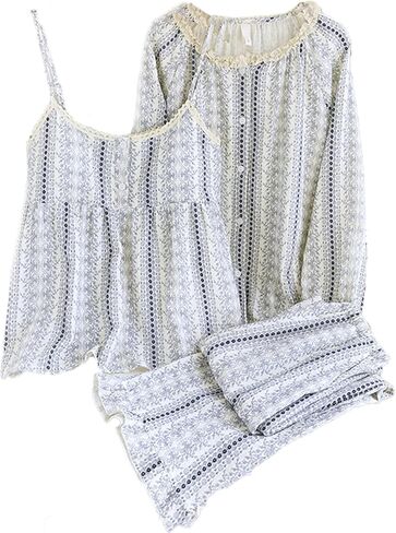 طقم بيجامة نسائي من القطن مكون من 3 قطع مع حمالة صدر مدمجة وسروال طويل بأكمام 3/4 رداء نوم وملابس نوم in Kuwait