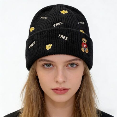 1PC Knitted Woolen Hat Double Layer Embroidered Teddy Big Brim for Autumn Winter Outdoor Travel Daily Commute in Saudi Arabia