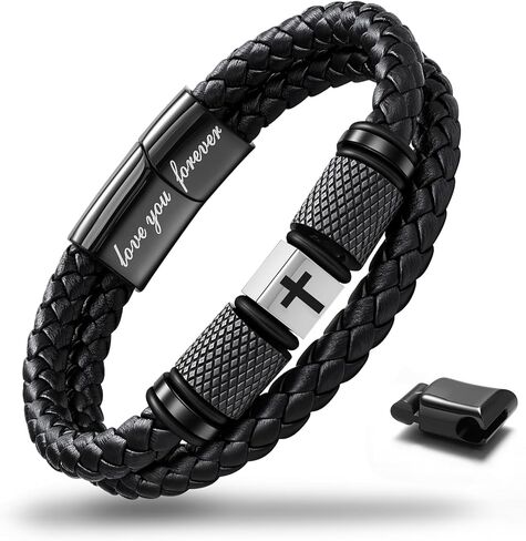 سوار الصليب المسيحي للرجال، صف مزدوج مضفر جلد أسود أصلي متعدد الطبقات سوار معصم قابل للتعديل، مجوهرات دينية كاثوليكية هدايا عيد الفصح للشباب المراهقين in Kuwait