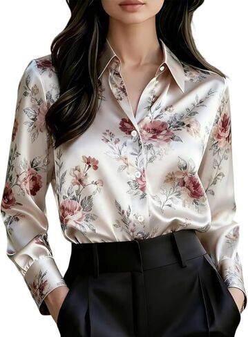 utcoco Silk Blouse for Women Satin Blouses for Women Floral Button Down Shirts Long Sleeve Tops in Saudi Arabia