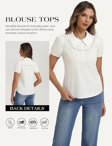بلوزات بأكمام قصيرة منتفخة من Belle Poque للنساء بياقة بيتر بان قمصان عمل أنيقة ملابس علوية من القطن للصيف 2026 in Saudi Arabia