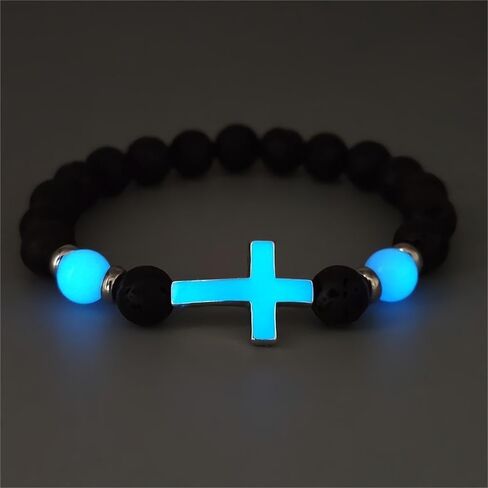8 mm Natural Volcanic Stone Bracelets for Men,Luminous Cross Bracelets,Healing Crystal Elastic Stretch Beads Bracelet,Religion Holy Communion Bracelet for Women in Saudi Arabia