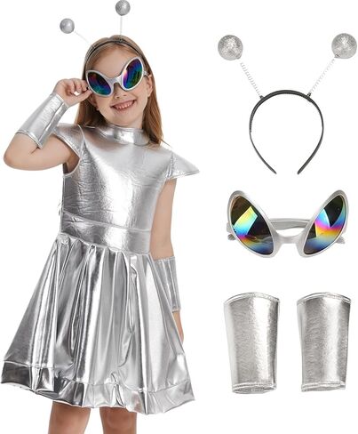 GRAJTCIN Alien Costume for Kids Space Dress Metallic Finishes Robot Outfit Girls Halloween Cosplay Set in Saudi Arabia