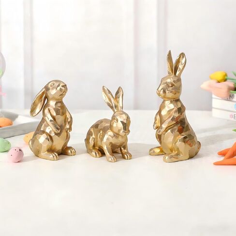 Easter Bunny Decorations - Set of 3 Golden Resin Rabbit Statues for Easter Table and Home Centerpiece in Saudi Arabia