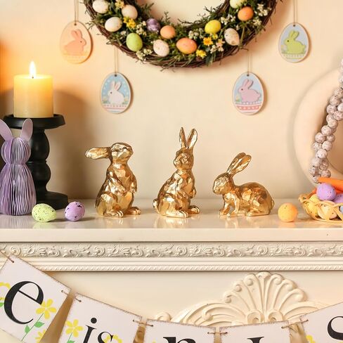 Easter Bunny Decorations - Set of 3 Golden Resin Rabbit Statues for Easter Table and Home Centerpiece in Saudi Arabia
