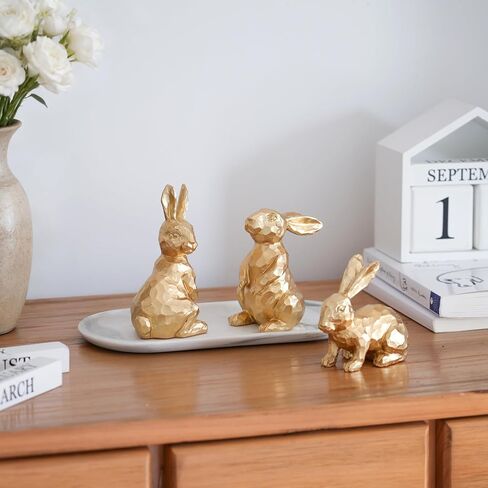 Easter Bunny Decorations - Set of 3 Golden Resin Rabbit Statues for Easter Table and Home Centerpiece in Saudi Arabia