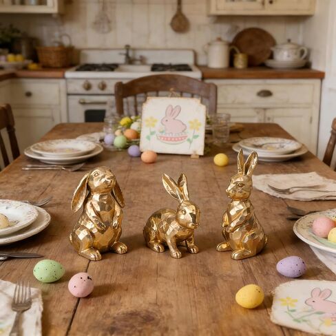 Easter Bunny Decorations - Set of 3 Golden Resin Rabbit Statues for Easter Table and Home Centerpiece in Saudi Arabia