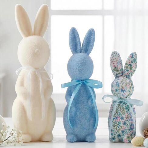 Wesiti 3 Pack Flocked Bunny Easter Decorations 9/10/13 Inch Flocked Bunny Figurines with Bow Tie Spring Easter Tabletop Centerpieces Rabbit Statue for Home Indoor Table Shelf Decor in Saudi Arabia