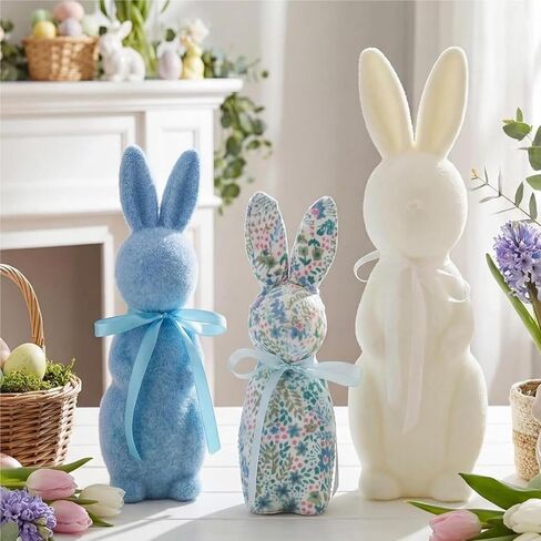 Wesiti 3 Pack Flocked Bunny Easter Decorations 9/10/13 Inch Flocked Bunny Figurines with Bow Tie Spring Easter Tabletop Centerpieces Rabbit Statue for Home Indoor Table Shelf Decor in Saudi Arabia