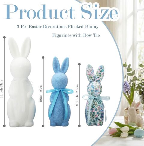 Wesiti 3 Pack Flocked Bunny Easter Decorations 9/10/13 Inch Flocked Bunny Figurines with Bow Tie Spring Easter Tabletop Centerpieces Rabbit Statue for Home Indoor Table Shelf Decor in Saudi Arabia