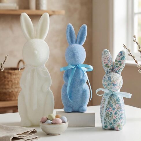 Wesiti 3 Pack Flocked Bunny Easter Decorations 9/10/13 Inch Flocked Bunny Figurines with Bow Tie Spring Easter Tabletop Centerpieces Rabbit Statue for Home Indoor Table Shelf Decor in Saudi Arabia