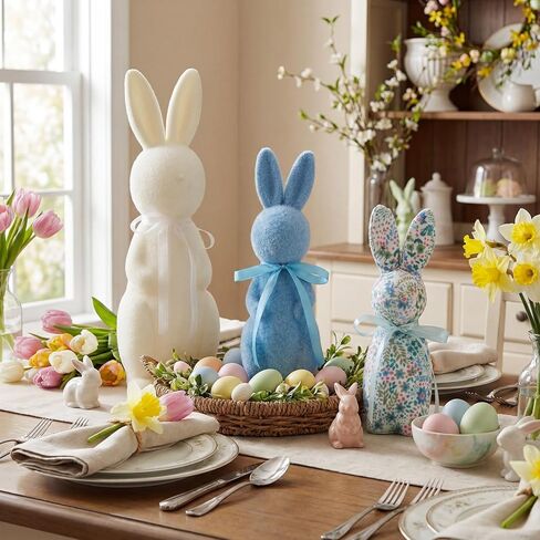 Wesiti 3 Pack Flocked Bunny Easter Decorations 9/10/13 Inch Flocked Bunny Figurines with Bow Tie Spring Easter Tabletop Centerpieces Rabbit Statue for Home Indoor Table Shelf Decor in Saudi Arabia