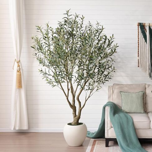 Olive Trees Artificial Indoor, 8FT Tall Faux Olive Tree with Round White Planter, UV Resistant Outdoor Large Fake Olive Plants for Modern Home Decor Living Room Office in Kuwait