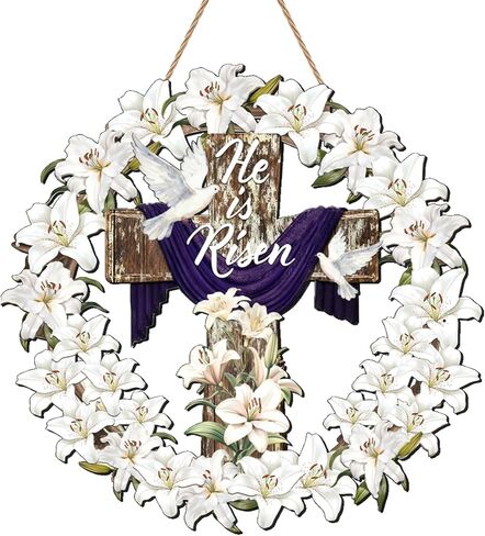 إنه إكليل باب مرتفع مع إكليل زنبق متقاطع لعيد الفصح علامة الباب الأمامي أكاليل عيد الفصح الدينية ديكور للكنيسة في الأسبوع المقدس للزينة المسيحية in Kuwait