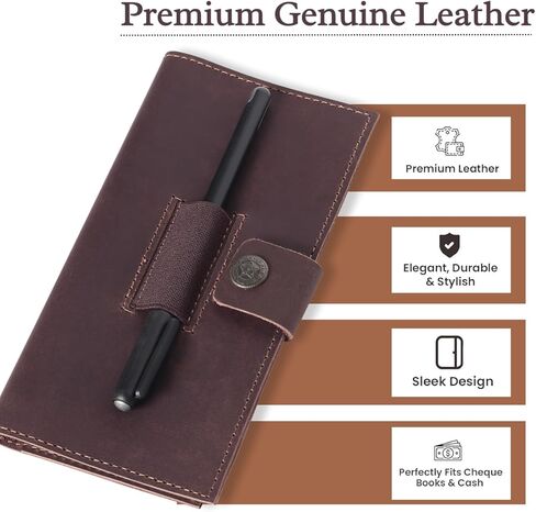 غطاء دفتر شيكات من الجلد البني للرجال والنساء، محفظة دفتر شيكات محببة بالكامل مع حامل أقلام، تناسب الشيكات الشخصية والمكررة، حافظة رفيعة لتنظيم الأموال، حامل دفتر شيكات جلدي متين مقاس 7 × 3.75 بوصة in Kuwait