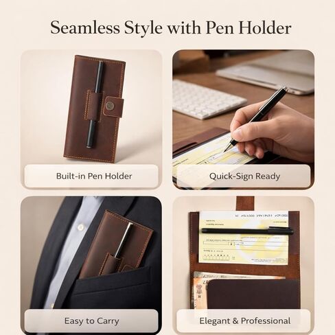 غطاء دفتر شيكات من الجلد البني للرجال والنساء، محفظة دفتر شيكات محببة بالكامل مع حامل أقلام، تناسب الشيكات الشخصية والمكررة، حافظة رفيعة لتنظيم الأموال، حامل دفتر شيكات جلدي متين مقاس 7 × 3.75 بوصة in Kuwait