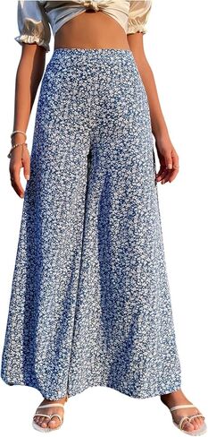 OYOANGLE Women's Floral Wide Leg Pants High Waisted Loose Boho Flowy Palazzo Trousers in Saudi Arabia