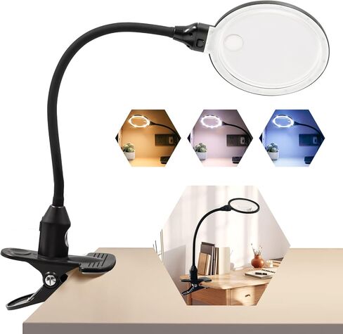 عدسة مكبرة 15 مرة مع ضوء وحامل، 3 أوضاع ألوان، عدسة مكبرة بإضاءة طاولة قابلة للتعتيم مع مشبك، مصباح مكتب مرن معقوف بدون استخدام اليدين للأعمال القريبة والحرف اليدوية والهوايات in Kuwait